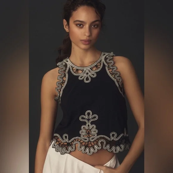 Boho Anthropologie Black Embroidered Crochet-Trim Sleeveless Tank Top MEDIUM - Picture 3 of 8